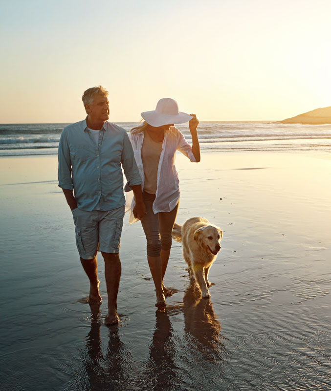 Senior,Couple,,Beach,And,Walking,With,Dog,In,Sunset,For